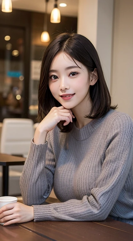 masutepiece, Best Quality, Illustration, Ultra-detailed, finely detail, hight resolution, 8K Wallpaper, Perfect dynamic composition, Beautiful detailed eyes, Long sleeve knit with shoulder extension,Bob Hair, mid-chest, Natural Color Lip, Random and sexy poses,Smile,20 years girl,Colossal tits,cafes,Coffee,Emphasis on the chest