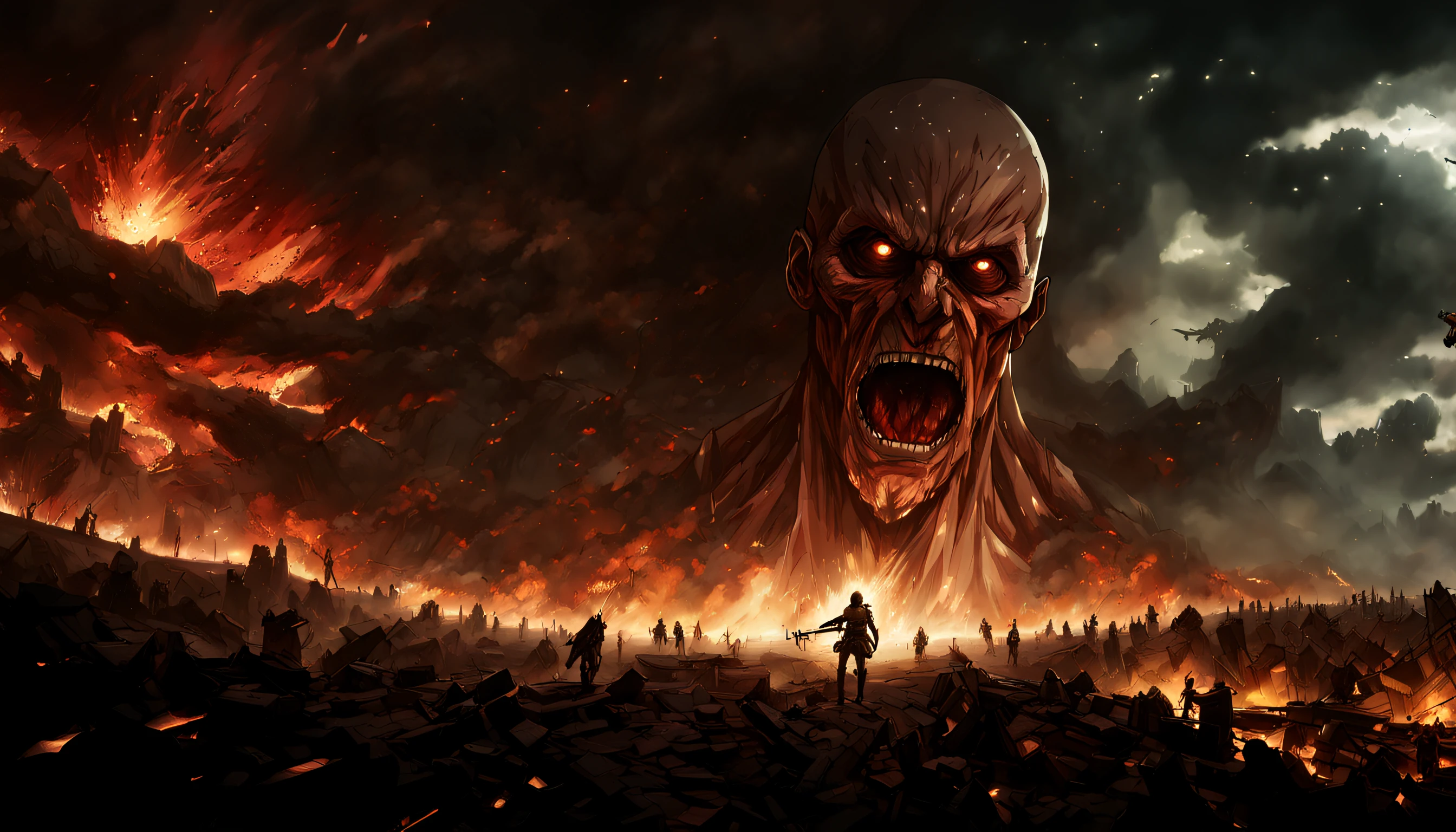 Breathtaking artwork of the Attack on Titan universe, capturing epic battles between humans and Titans, immersive landscapes, and dramatic lighting effects that create an awe-inspiring visual experience.