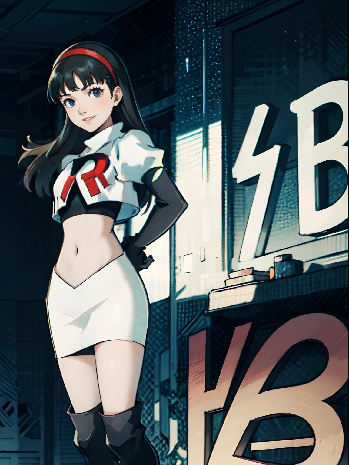 yukiko, team rocket, team rocket uniform, red letter R, white skirt, white crop top, black thigh-high boots, black elbow gloves, evil smile, hands behind back