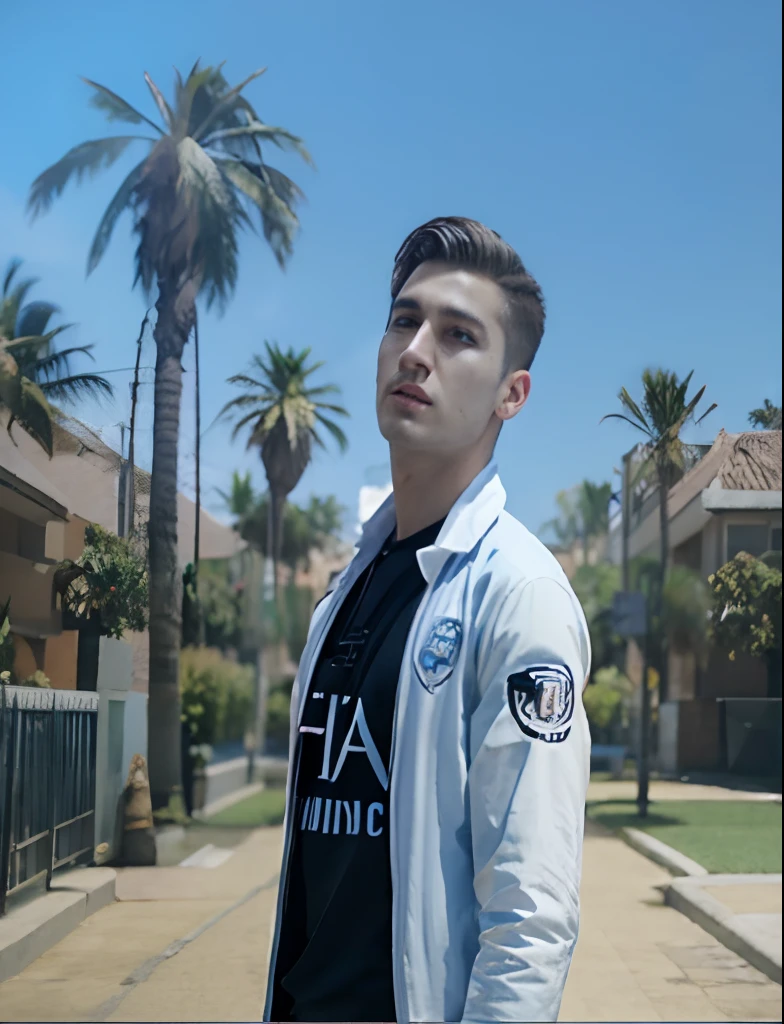Change background handsome boy, realistic face, 3d animation, hair undercut, paradise paradise, white bird earth, wearing Man City clothes, 8k, ultra realistic face.