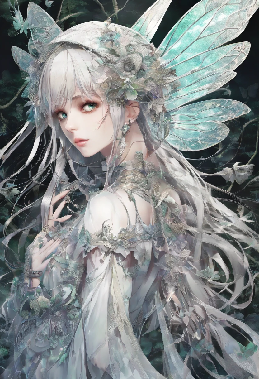 (Masterpiece, Best quality, Ultra-detailed, Best Illustration:1.7), 1 Fairy, The wings of the little fairy,(Slime girl:1.4),(See-through:1.8)afloat,Green wind ,Silk fabric,(refractions,Reflection:1.46) , Transparent skin, sunshine day,ln the forest