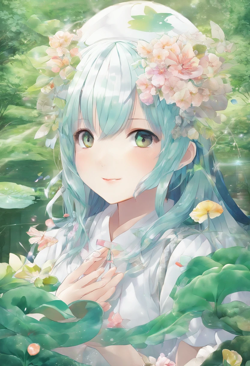 (Masterpiece, Best quality, Ultra-detailed, Best Illustration:1.7), 1 Little Fairy, The wings of the little fairy,(Slime girl:1.4),(See-through:1.8)afloat,Green wind ,Silk fabric,(refractions,Reflection:1.46) , Transparent skin, sunshine day,ln the forest