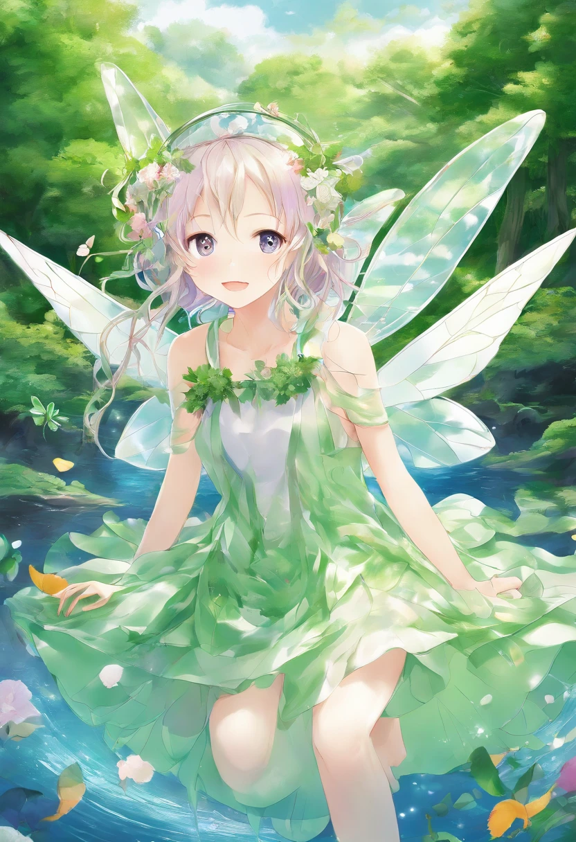 (Masterpiece, Best quality, Ultra-detailed, Best Illustration:1.7), 1 Little Fairy, The wings of the little fairy,(Slime girl:1.4),(See-through:1.8)afloat,Green wind ,Silk fabric,(refractions,Reflection:1.46) , Transparent skin, sunshine day,ln the forest