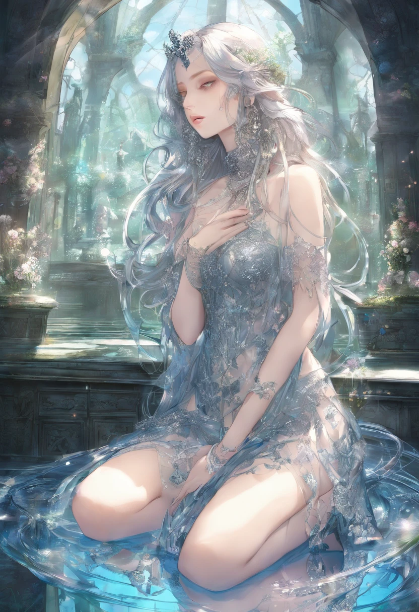 (Masterpiece, Best quality, Ultra-detailed, Best Illustration:1.4), 1girll, (Slime girl:1.4), (Transparent:1.3), (See-through:1.4),Sitting, ，No clothing，(refractions,Reflection:1.7) , transparent face, Transparent body, Transparent skin, sunshine day，water blue，Spring water background