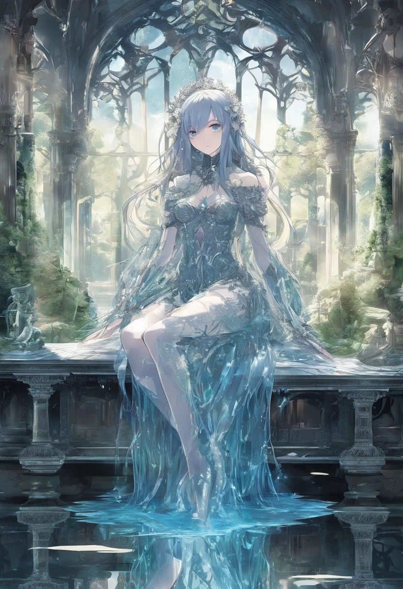 (Masterpiece, Best quality, Ultra-detailed, Best Illustration:1.4), 1girll, (Slime girl:1.4), (Transparent:1.3), (See-through:1.4),Sitting, ,No clothing,(refractions,Reflection:1.7) , transparent face, Transparent body, Transparent skin, sunshine day,water blue,Spring water background