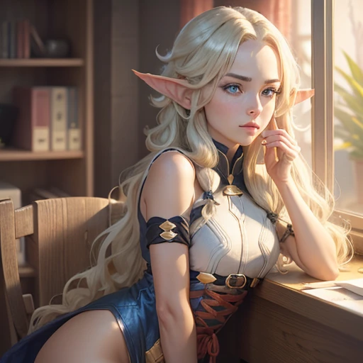 Hot elf, wear a long, large, cozy, fitted sweater, ultra realistis, Shorts, Slim, fit, covering clothing, Hot, winning, covered belly, long legs, sitting, legs up up, ultra detail,