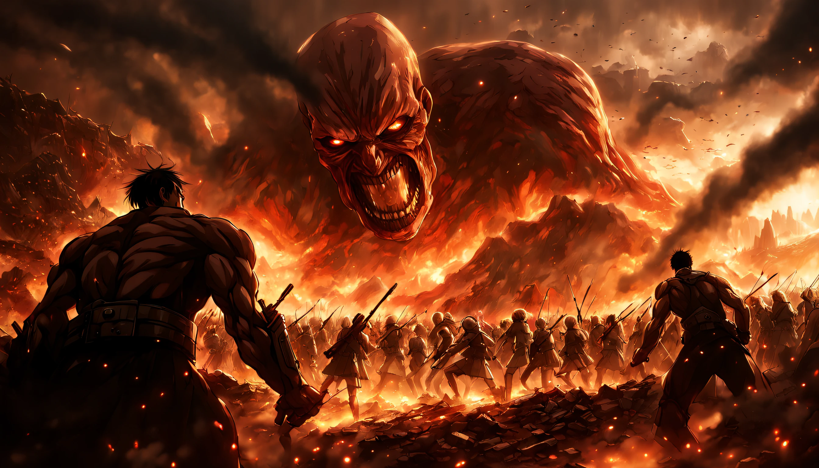 Breathtaking artwork of the Attack on Titan universe, capturing epic battles between humans and Titans, immersive landscapes, and dramatic lighting effects that create an awe-inspiring visual experience.