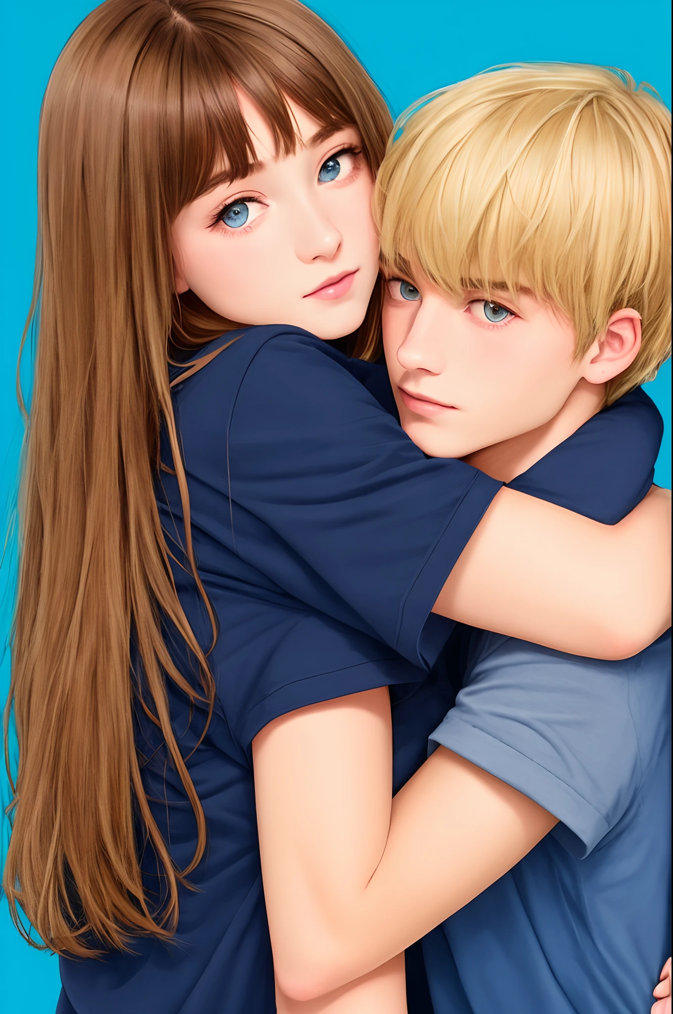 blonde boy, brunette girl, hugging, blue background