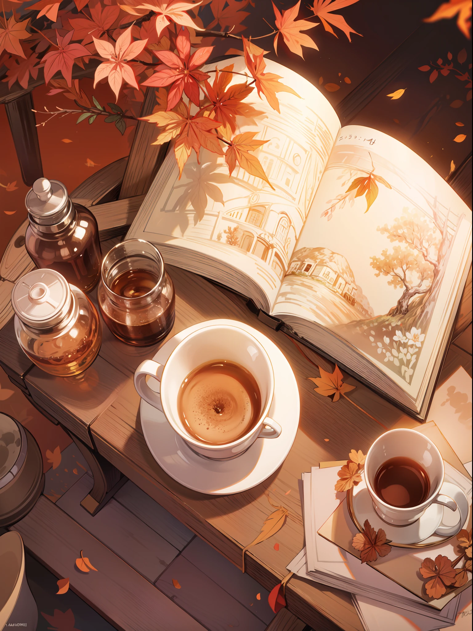 painting of a aesthetic picture, maples leaves, coffee mug,essential oil,dairy , beautiful scenery, valley,((glistening look)),hd, High quality, bushes,4k hd, cloud,beautiful art uhd 4 k, a beautiful artwork illustration, beautiful digital painting, highly detailed digital painting, beautiful digital artwork, detailed painting 4 k, very detailed digital painting, rich picturesque colors, gorgeous digital painting