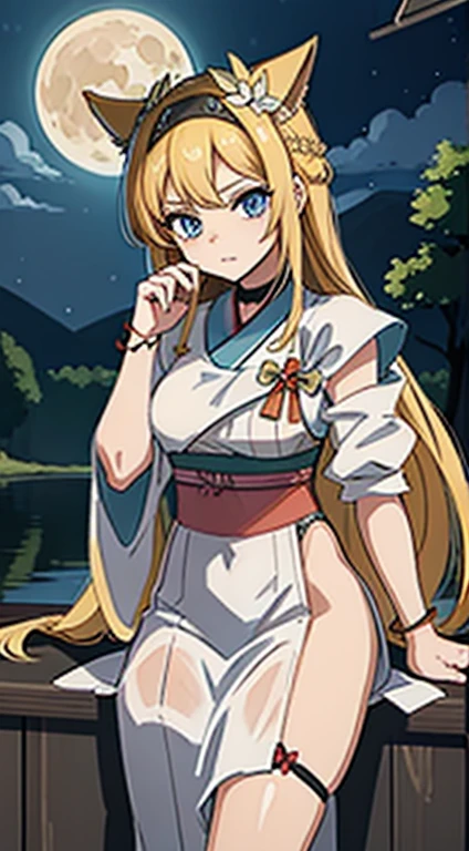 nsfw,Yukari Yakumo, Small breasts,Flat chested, Flat Chest,chic, Blonde, Mob Cap, shrine, Long Hair, naked, at night