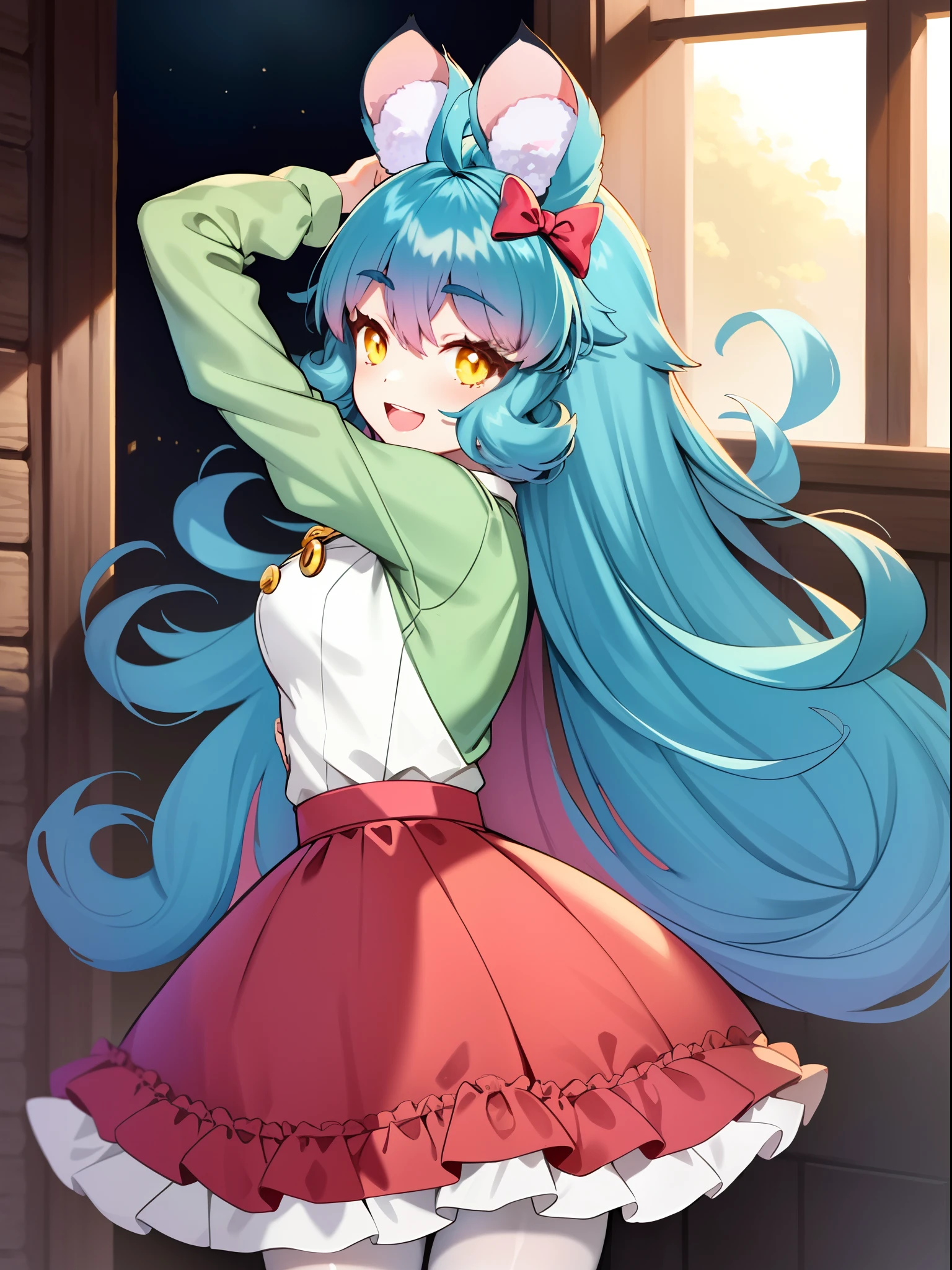 2D, Masterpiece, Best quality, anime, Highly detailed face, highly details eye, highly detailed back ground, Perfect lighting, chess, Virtual YouTuber, 1girll, Yellow eyes, Long hair, Blue hair, multicolored hair, Pink hair, bangs, ahoge, Goodbye to hair accessories, hairstyles, Mouse ears, mouse tail, Mouse Girl, Breasts, Medium breasts, bow, puffy long sleeves, (Pink skirt:1.2), (high waisted skirt:1.2), Neckbells, (White shirt:1.2), Green sleeves, (Pantyhose:1.2), (White pantyhose:1.2), (Top Teeth), window, Indoors, Smile, arms back behind, (Long skirt),