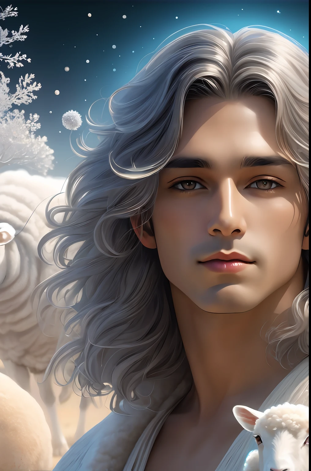 Image of a man in a field with sheep and sheep, Beautiful digital illustration, stunning digital illustration, Beautiful digital artwork, Moebius + loish + Phlegm sputum, phlegm, Gorgeous digital painting, Exquisite digital illustration, Detailed fanart, fantasy male portrait, greek myth digital painting, beautiful digital painting, Loish et WLOP, graphic artist magali villeneuve