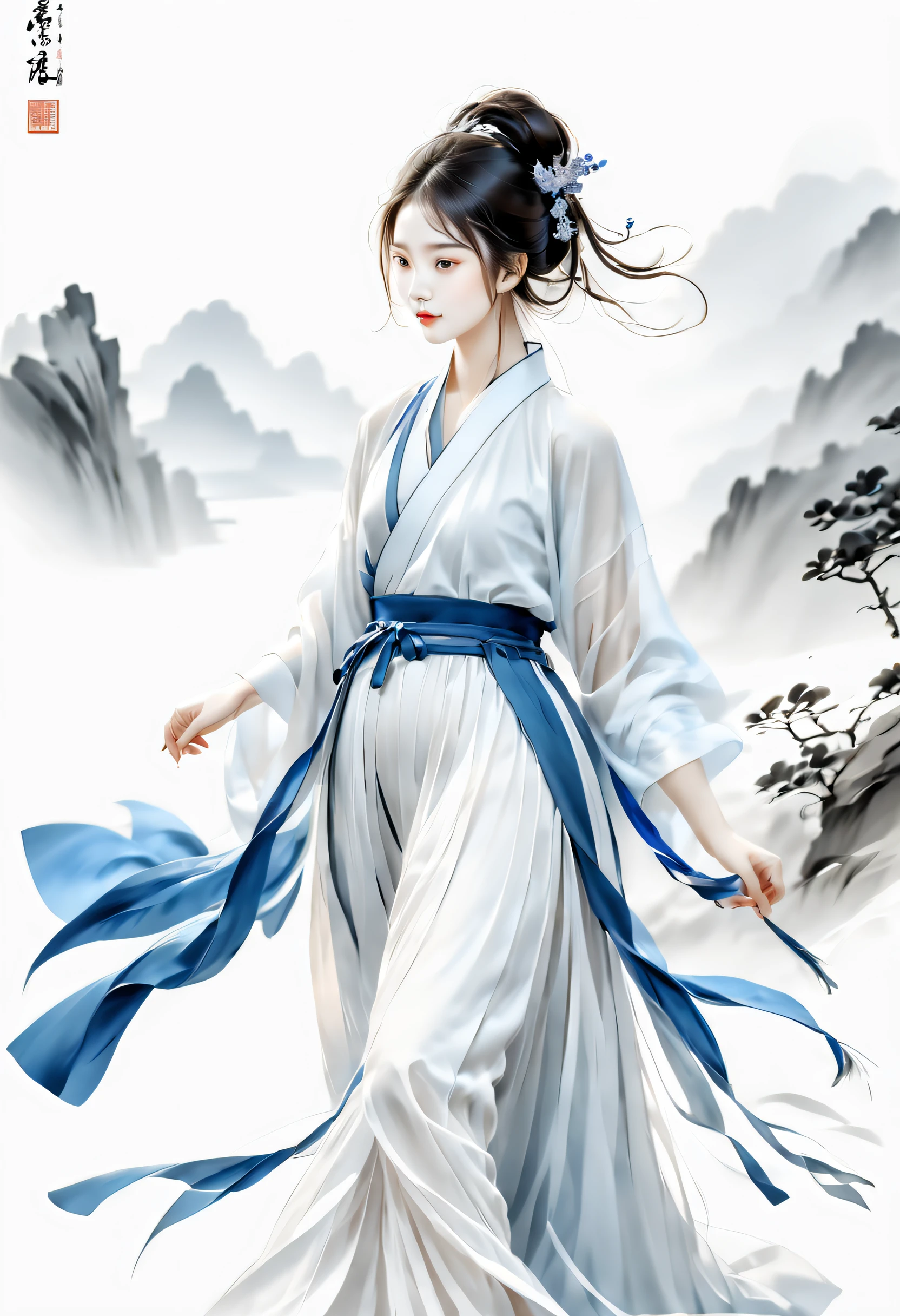 Mono Color，Blue and white colors，1 woman，Ancient beauty，Fighting posture，Strong dynamics，Ink sketch， Hanfu，Lots of white space， white backgrounid，Traditional Chinese Ink Painting, Traditional Chinese art, author：Guo Xi, author：Ma Yuanyu, Traditional Chinese painting, author：Xu Xi, author：Luo Mu, author：Yang Buzhi, author：Li Kelan, author：Gu An, Ink painting ) ) ) ), Chinese ink painting, Chinese painting style