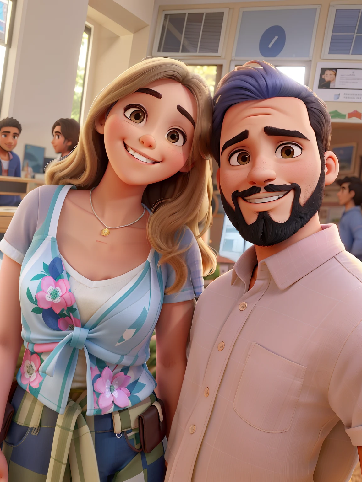 Jovem casal com olhar apaixonadoe sorridentes. O jovem tem uma barba fina em todo o rosto e a menina tem cabelos loiros. The two of them are in a very beautiful background landscape