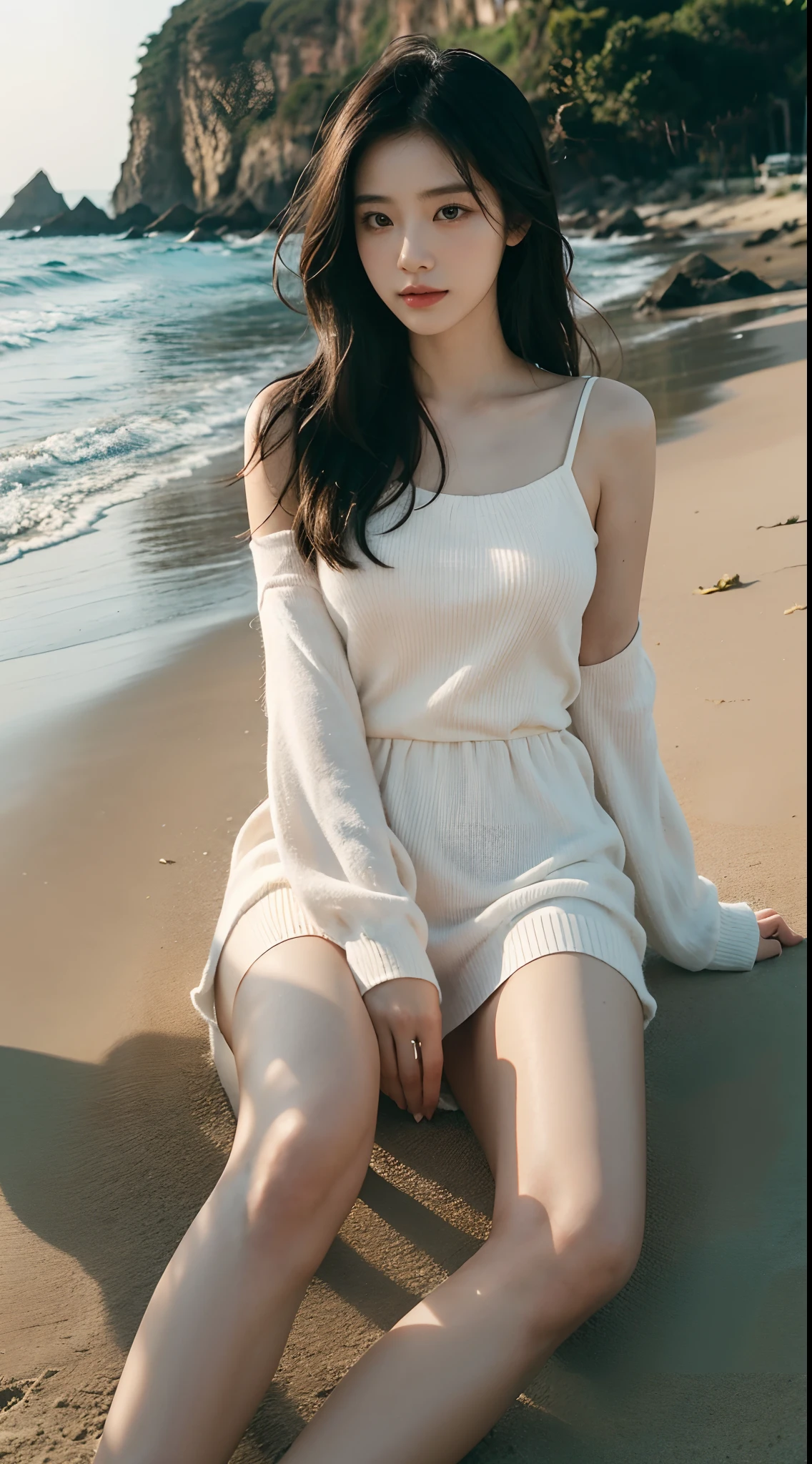 High-res, Realistic portrait of professional Chinese university campus lady with perfect skin，The breath of life should emphasize her sitting and lying postures，Lying sideways on the beach，Wear a long white dress，Black suspenders，Pink sweater，Beautiful woman lying on the beach，Holding a cell phone in his hand，The breeze blows the hair of a beautiful woman，The breeze is blowing，Medium-sized half-body，Long black hair，Looks confident and cute, Longing for freedom and beauty，Surrounded by the atmosphere of the sky and the sea， Vibrant and naturally lit highlights. The artwork should emphasize her elegant facial features, Including charming long eyes, Fluttering eyelashes and seductive lips， The scene should be enhanced with elements of professionalism and visual appeal，For example, sandbeach，beachside，Mainframe computers, High-resolution display, Highlight the temperament of beauty， The overall tone should be warm and professional, The sun shines on the whole body of the beauty，soft sun light，Has a soft and natural color palette. The artwork should exude a sense of professionalism, and cultural pride，