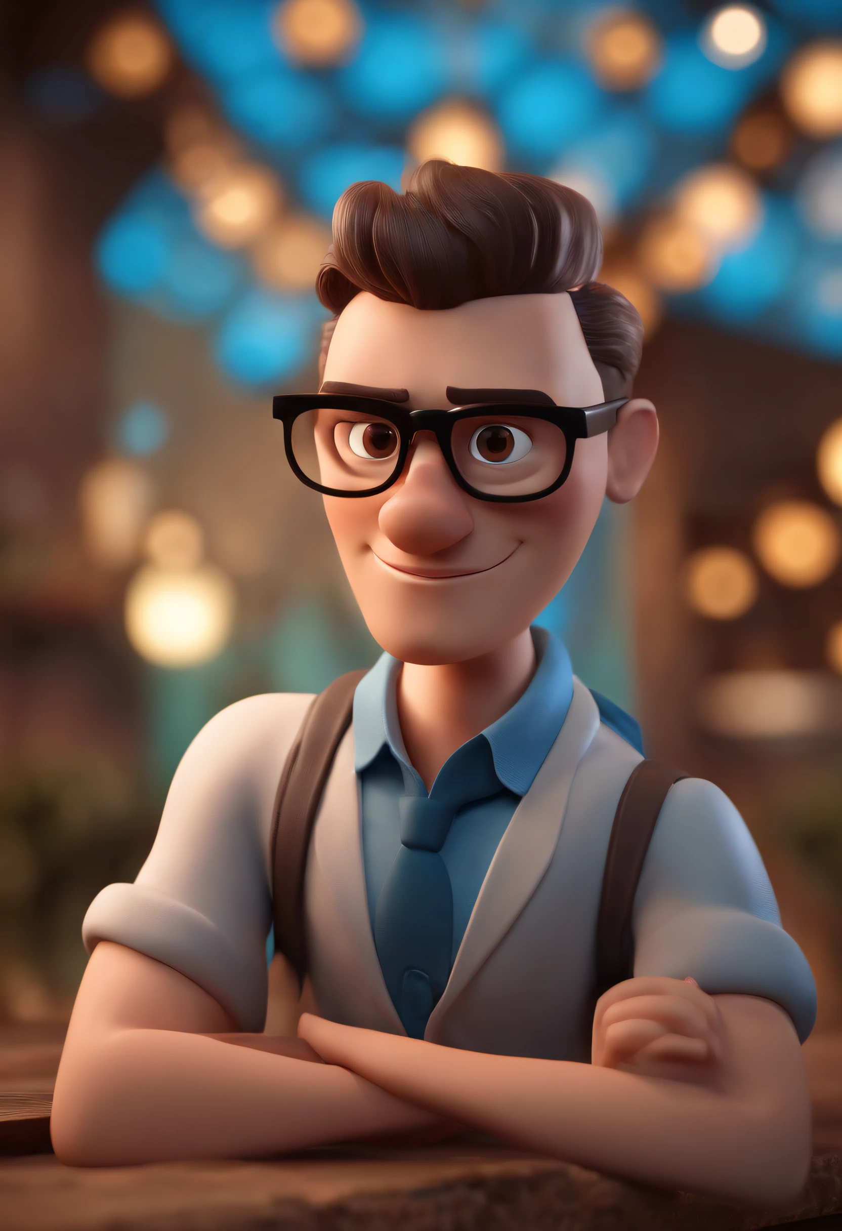 Cartoon character of a man with black glasses and a blue shirt, animation character, Caractere estilizado, animation style rendering, 3D estilizado, Arnold Maya render, 3 d render stylized, toon render keyshot, Personagem 3D, Personagem 3D, 3d rendering stylized, 3 d character render, personagem de desenho animado, Personagem de close up, Pose de personagem, (Estilo Pixar) (master part:1.2) (Bokeh) (best quality) (pele detalhada) (textura detalhada) (8k) (argila) (Cinematic lighting) (foco nítido