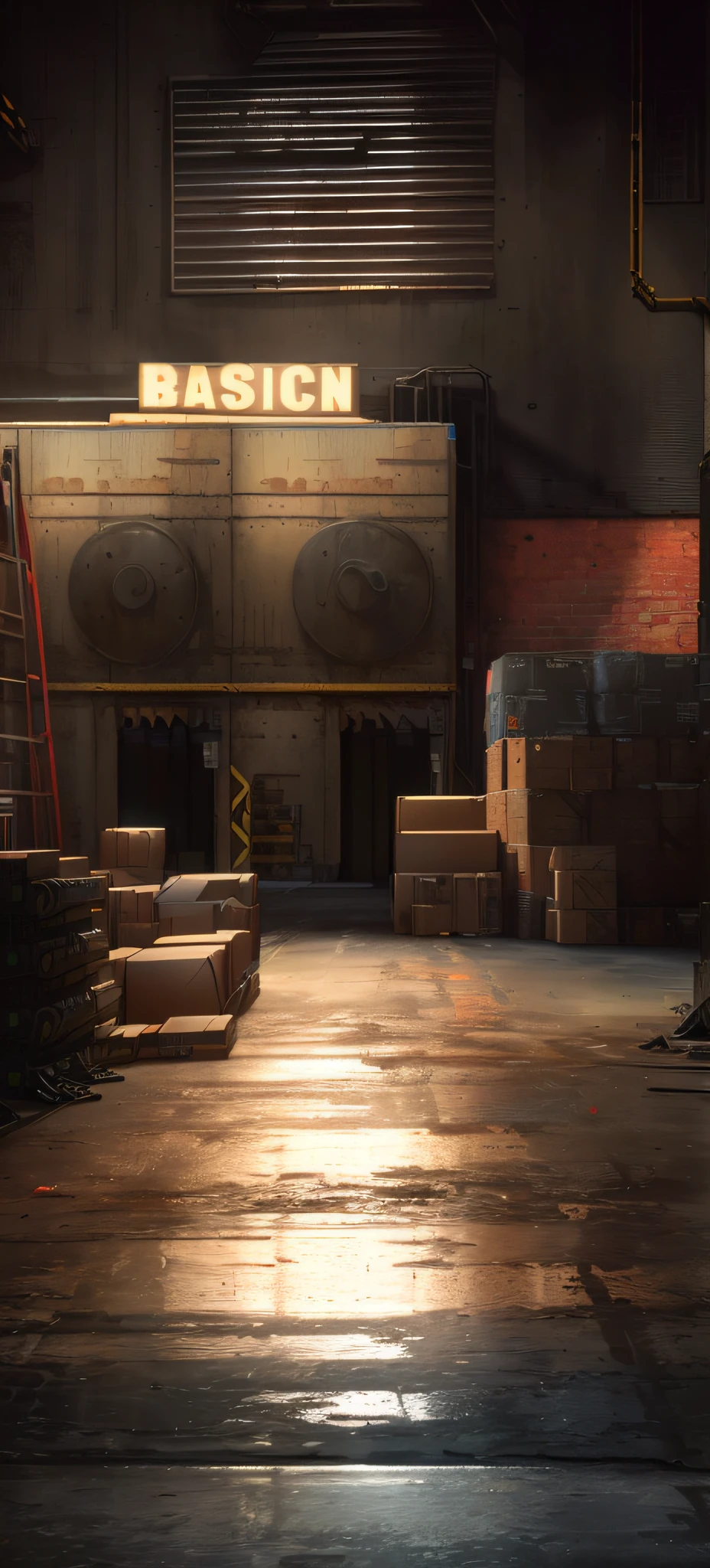 There is a large warehouse，There are a lot of boxes and a logo inside, [[empty warehouse]] Background, Factory background, steampunk factory background, weapon shop interior, Detailed textures and lighting, dirty street background, theme is cyberpunk city market, backroom background, Blade Runner Alley, dark hangar background, cyberpunk basement, random background scene, realistic establishing shot