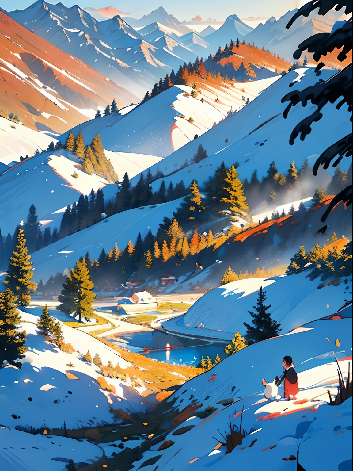 chinesse landscape ink painting high angle perspective, small tree, Shining snow, sun, 4K, many details, children playing in the distance, cold, winter, Highly detailed, super quality, professional image,