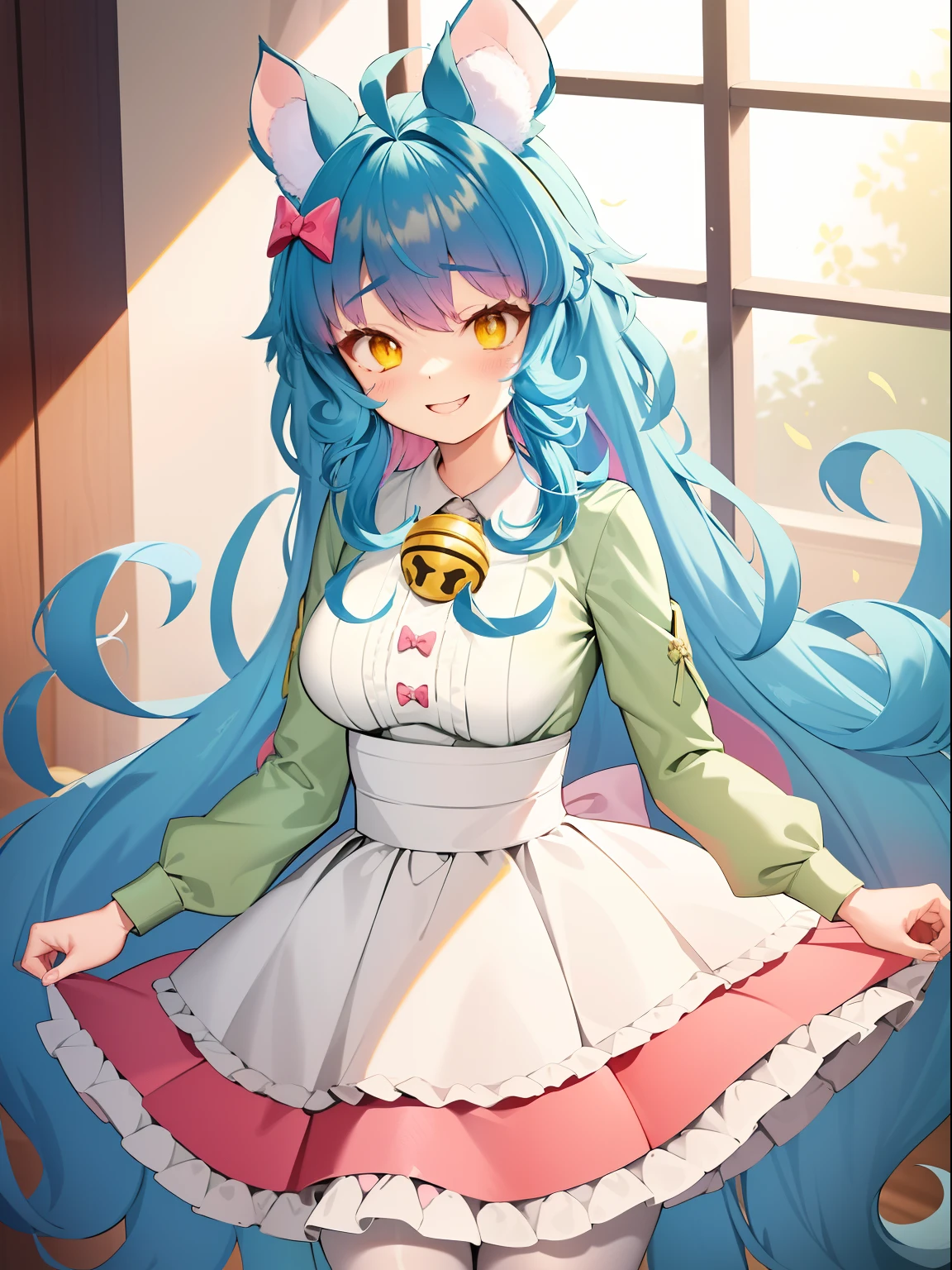 2D, Masterpiece, Best quality, anime, Highly detailed face, highly details eye, highly detailed back ground, Perfect lighting, chess, Virtual YouTuber, 1girll, Yellow eyes, Long hair, Blue hair, multicolored hair, Pink hair, bangs, ahoge, Say goodbye to hair accessories, Hairstyles, Mouse ears, mouse tail, Mouse Girl, Breasts, Medium breasts, bow, puffy long sleeves, (Pink skirt:1.2), (high waisted skirt:1.2), Neckbells, (White shirt:1.2), Green sleeves, (Pantyhose:1.2), (White pantyhose:1.2), (Top Teeth), window, Indoors, Smile, arms back behind, (Long skirt),