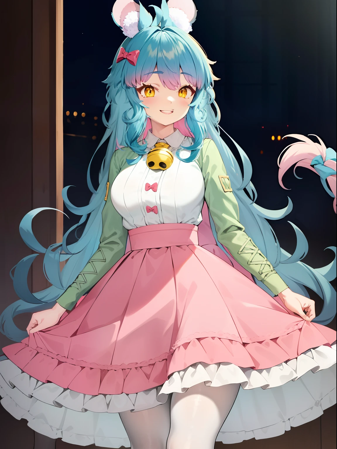 2D, Masterpiece, Best quality, anime, Highly detailed face, highly details eye, highly detailed back ground, Perfect lighting, chess, Virtual YouTuber, 1girll, Yellow eyes, Long hair, Blue hair, multicolored hair, Pink hair, bangs, ahoge, Say goodbye to hair accessories, Hairstyles, Mouse ears, mouse tail, Mouse Girl, Breasts, Medium breasts, bow, puffy long sleeves, (Pink skirt:1.2), (high waisted skirt:1.2), Neckbells, (White shirt:1.2), Green sleeves, (Pantyhose:1.2), (White pantyhose:1.2), (Top Teeth), window, Indoors, Smile, arms back behind, (Long skirt),