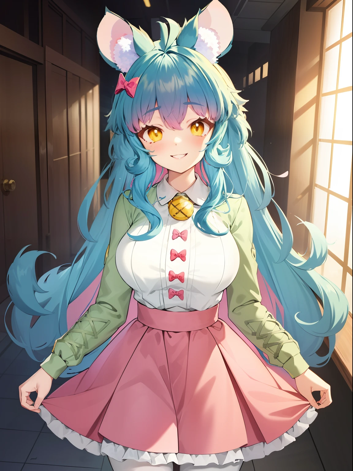 2D, Masterpiece, Best quality, anime, Highly detailed face, highly details eye, highly detailed back ground, Perfect lighting, chess, Virtual YouTuber, 1girll, Yellow eyes, Long hair, Blue hair, multicolored hair, Pink hair, bangs, ahoge, Say goodbye to hair accessories, Hairstyles, Mouse ears, mouse tail, Mouse Girl, Breasts, Medium breasts, bow, puffy long sleeves, (Pink skirt:1.2), (high waisted skirt:1.2), Neckbells, (White shirt:1.2), Green sleeves, (Pantyhose:1.2), (White pantyhose:1.2), (Top Teeth), window, Indoors, Smile, arms back behind, (Long skirt),