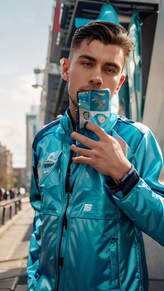 Change background handsome boy, realistic face, hair quiff, dragon earth background, Wear a Manchester City jacket, jasmine bird, sky, 8k, ultra realistic face.
