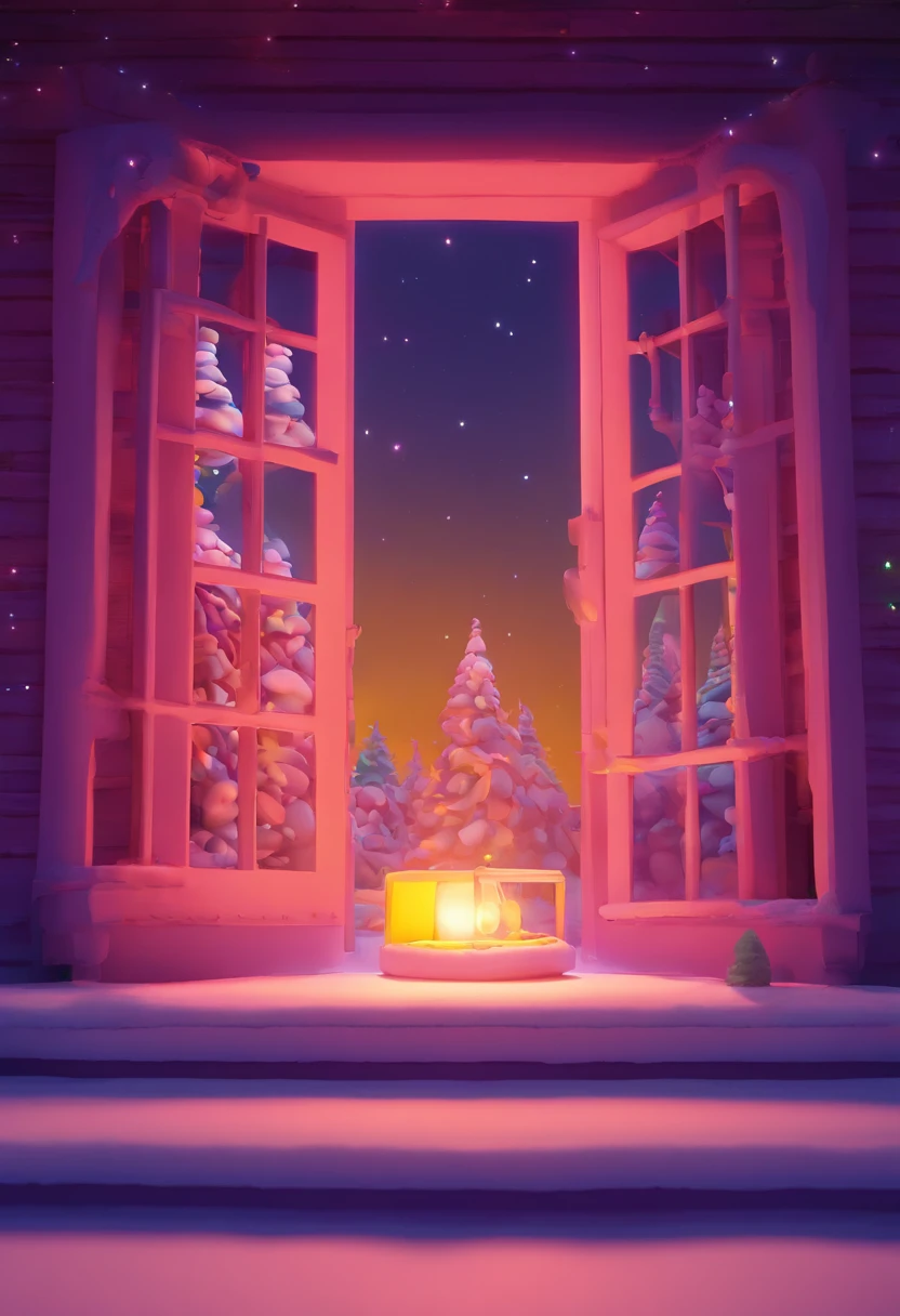 Camera placed in a vibrant stage background, Night scene, nevando, Floor, The window glows,, C4D,Blender style, (warm: 1.5)