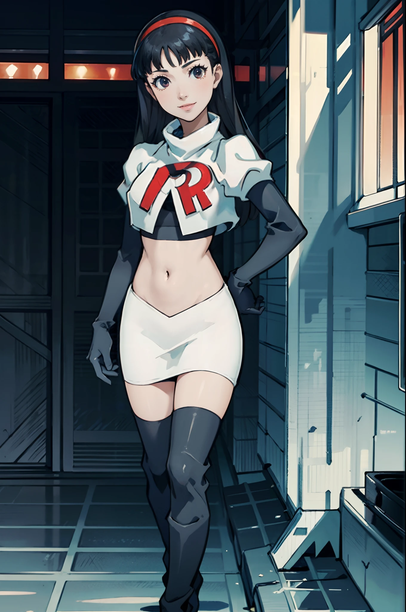 yukiko, team rocket, team rocket uniform, red letter R, white skirt, white crop top, black thigh-high boots, black elbow gloves, evil smile