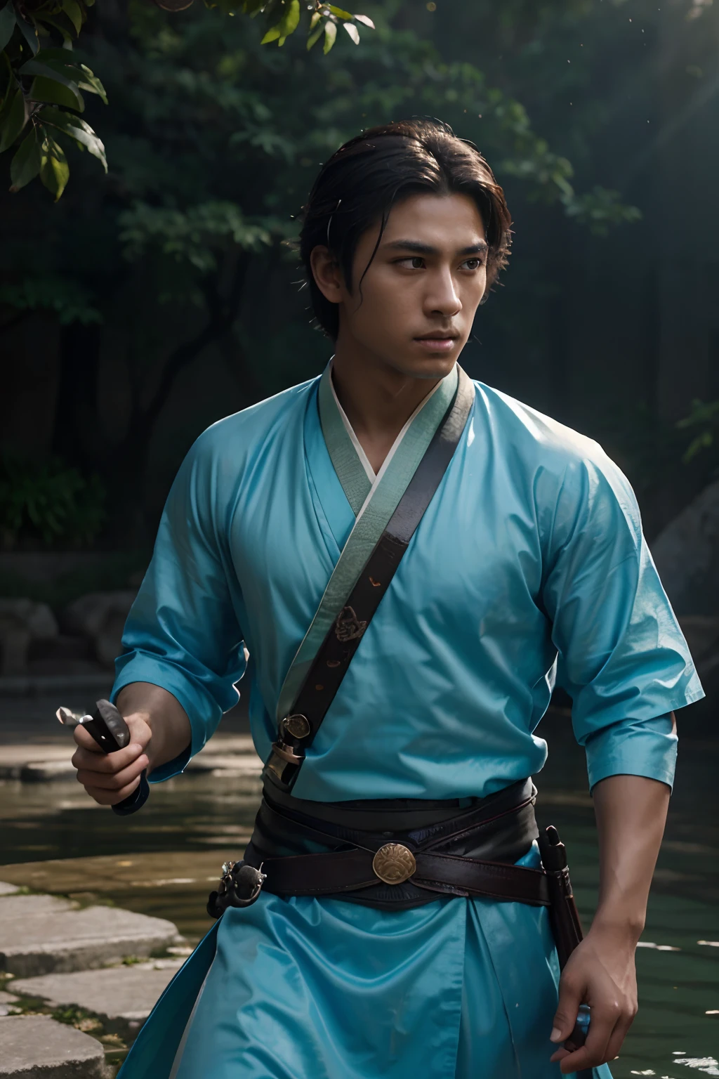(a ager male swings a Japanese sword),(handsome male), (hanfu), dark skinned male, dark skin, ink water surrounded,wind surrounded, clear face, clear and bright eyes, high detail, Full Body, cinematic lighting, motion blur, ray tracing, reflection light, (close-up), masterpiece, best quality, high quality, high details, super detail, 1080P, UHD, HD, Character designs, photorealistic, unreal machines, concept art, trending on art station, ((realistic)), looking at the viewer, Fantasy art, amazing gradient color, incredible detail,absurd, HDR.