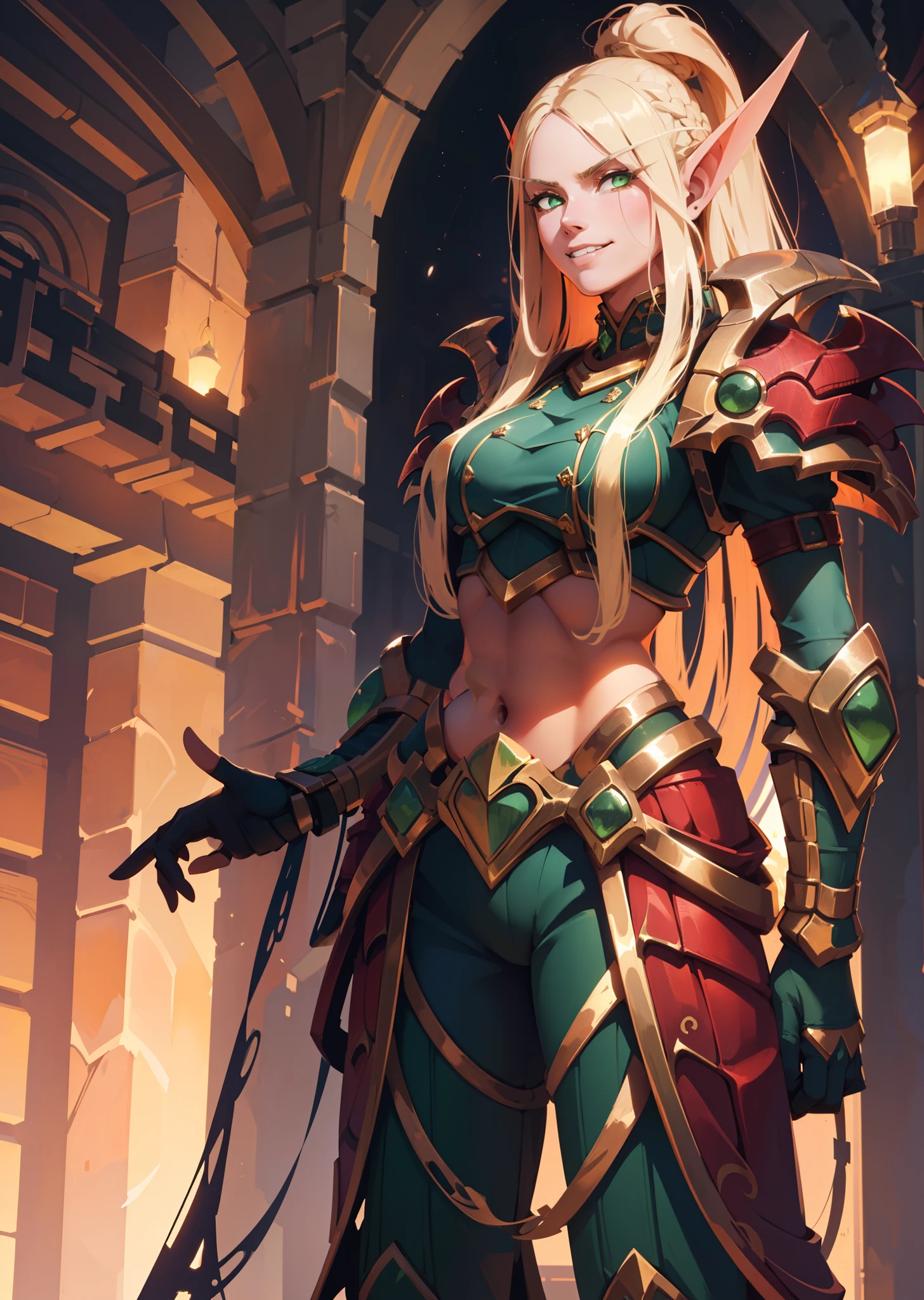 (1girl, two-tone hair big hair low-tied long hair, spiral eyes, smirk, clenched teeth) (digital) (standing in detailed mosque, (Armor pants)) , best quality, blonde hair, green eyes, armor, bloodelf, crop top, sleeve,