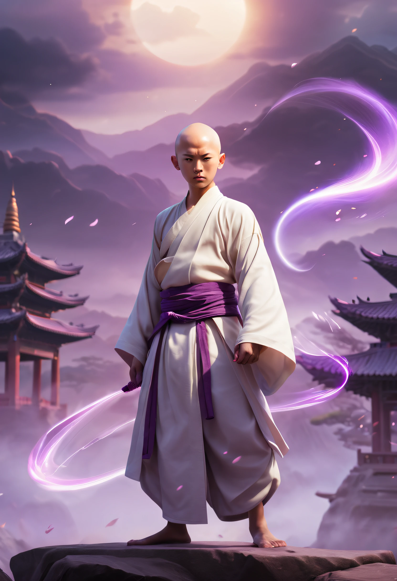 Handsome Shaolin monk、(((1 juvenile，bald-headed，buddhist monk，full bodyesbian，tear-mole:)))full bodyesbian，Sharp eyes，Clear facial features，Angular，dressed white hanfu，Powerful dynamic posture，The body is surrounded by purple mist，Runes surround you，Martial arts action，Holographic reality，holographic halo，dynamic blur，Game lighting effects，rim-light，Soft light，cinematic rim light，The light is delicate