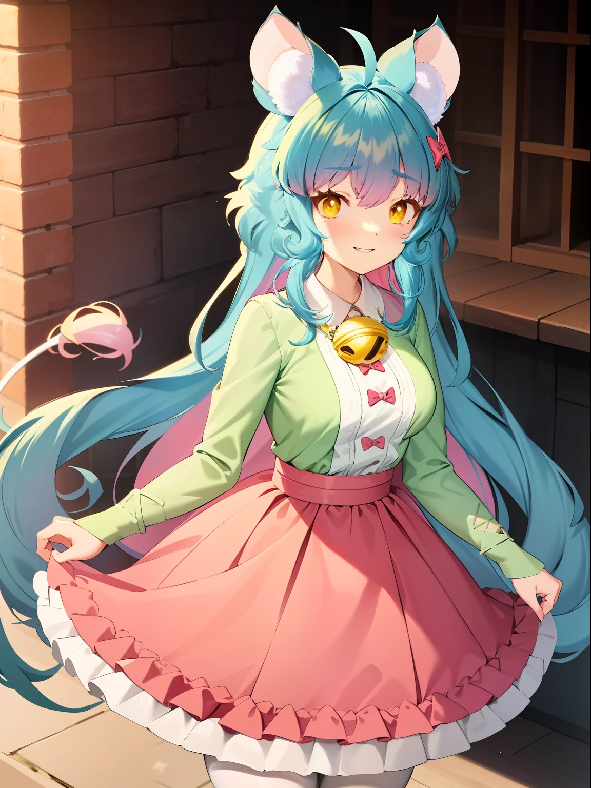 2D, Masterpiece, Best quality, anime, Highly detailed face, highly details eye, highly detailed back ground, Perfect lighting, chess, Virtual YouTuber, 1girll, Yellow eyes, Long hair, Blue hair, multicolored hair, Pink hair, bangs, ahoge, Say goodbye to hair accessories, Hairstyles, Mouse ears, mouse tail, Mouse Girl, Breasts, Medium breasts, bow, puffy long sleeves, (Pink skirt:1.2), (high waisted skirt:1.2), Neckbells, (White shirt:1.2), Green sleeves, (Pantyhose:1.2), (White pantyhose:1.2), (Top Teeth), window, Indoors, Smile, arms back behind, (Long skirt),