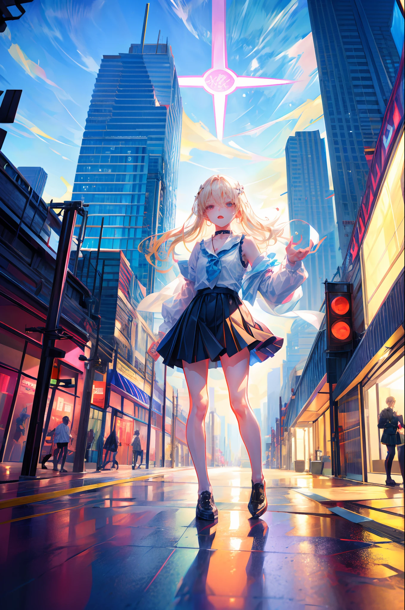 top-quality、超A high resolution、Standing in the big city、Skyscrapers、(Photorealsitic:1.4)、Female 1 Person、Sleeveless white buttoned shirt、Black skirt、Black choker、cute little、(Kpop Idle)、(attractiveness:1)、(Platinum Blonde Hair:1)、((Puffy eyes))、Look at the viewer、full bodyesbian、Facing the front