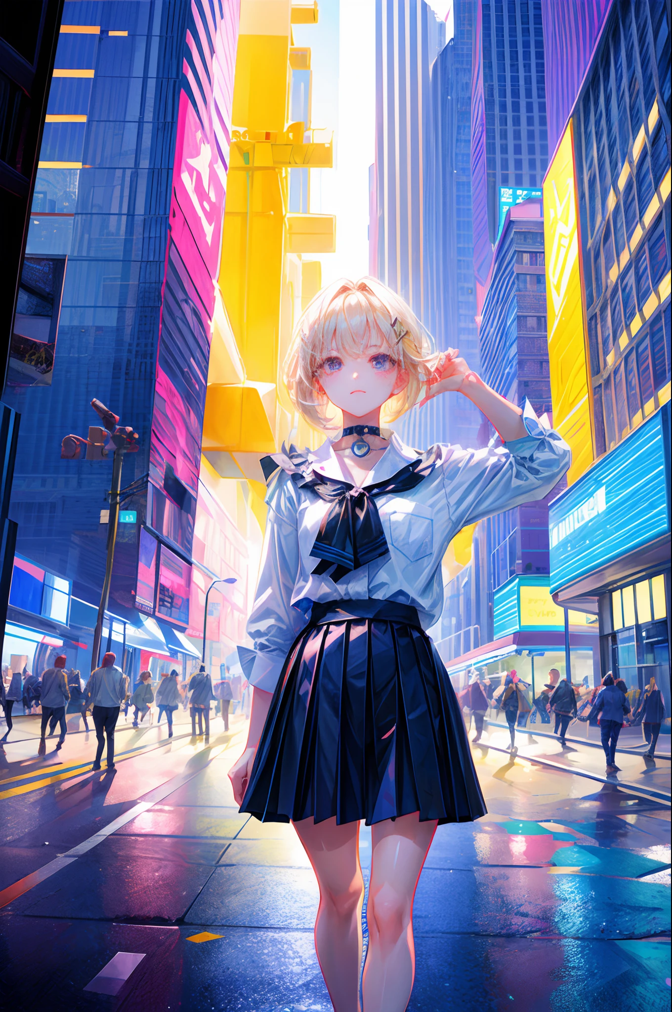top-quality、超A high resolution、Standing in the big city、Skyscrapers、(Photorealsitic:1.4)、Female 1 Person、Sleeveless white buttoned shirt、Black skirt、Black choker、cute little、(Kpop Idle)、(attractiveness:1)、(Platinum Blonde Hair:1)、((Puffy eyes))、Look at the viewer、full bodyesbian、Facing the front