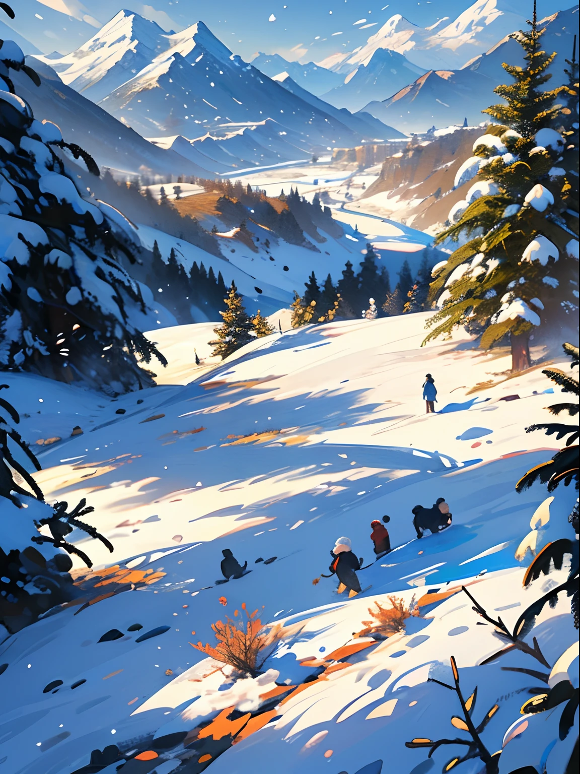 chinesse landscape ink painting high angle perspective, small tree, Shining snow, sun, 4K, many details, children playing in the distance, cold, winter, Highly detailed, super quality, professional image,