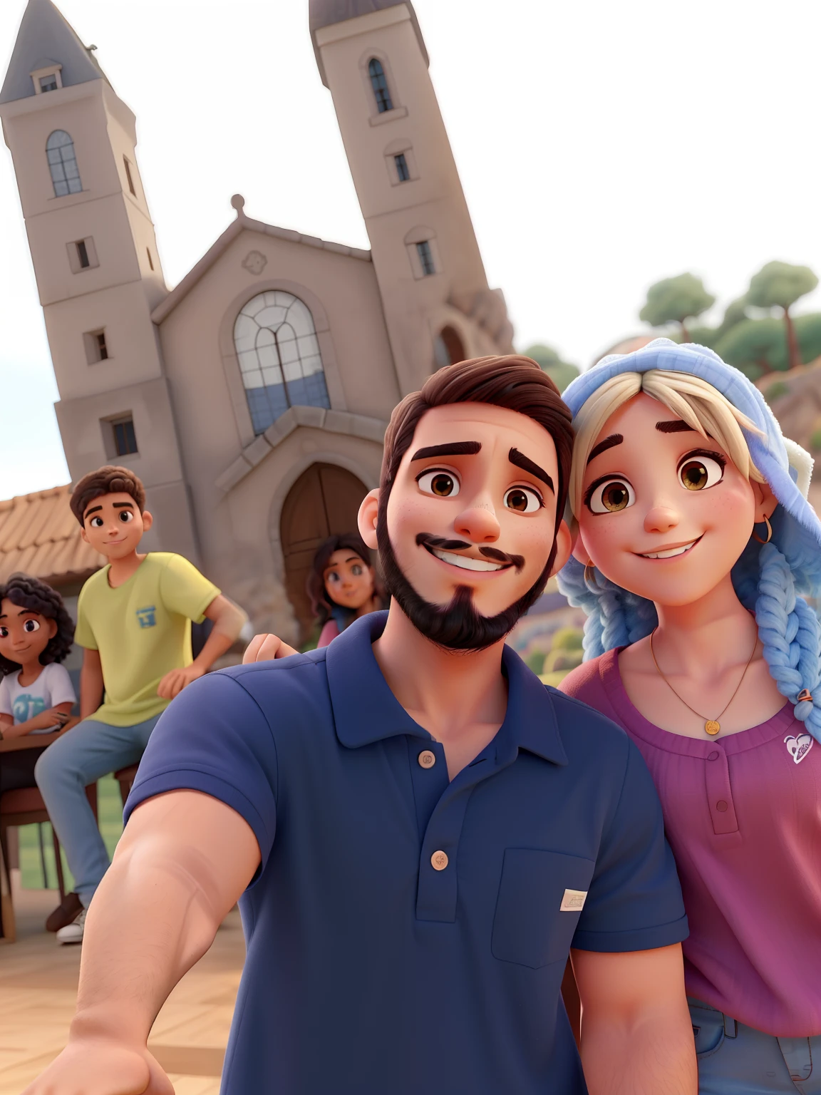 Jovem casal com olhar apaixonado e sorridente. O jovem tem uma barba fina em todo o rosto e a menina tem cabelos claros. The two of them are in a very beautiful background landscape