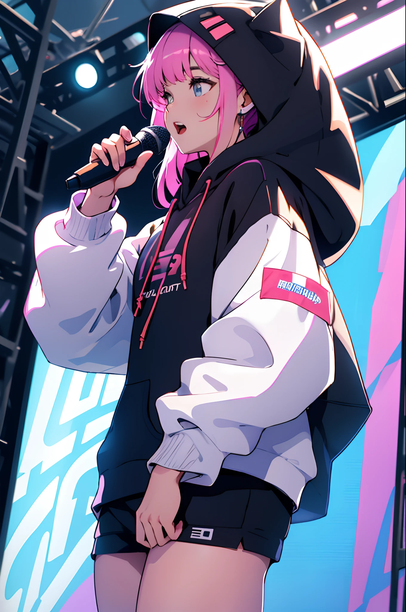 A girl singing wearing bts hoodie