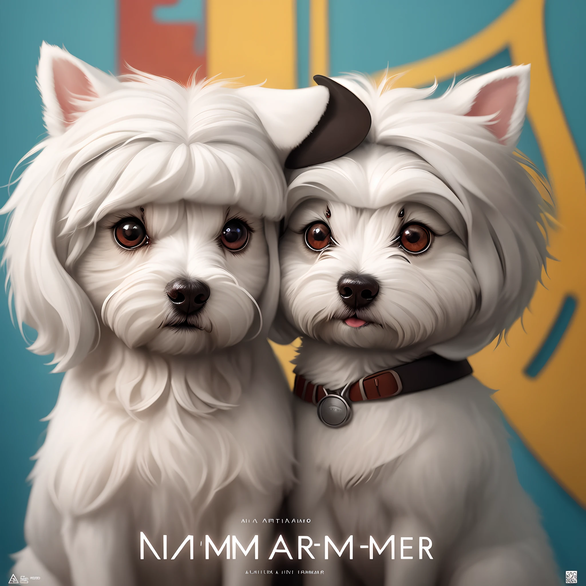 White, fluffy, round-eyed Maltese　Pixar-style poster　Title: AIMER