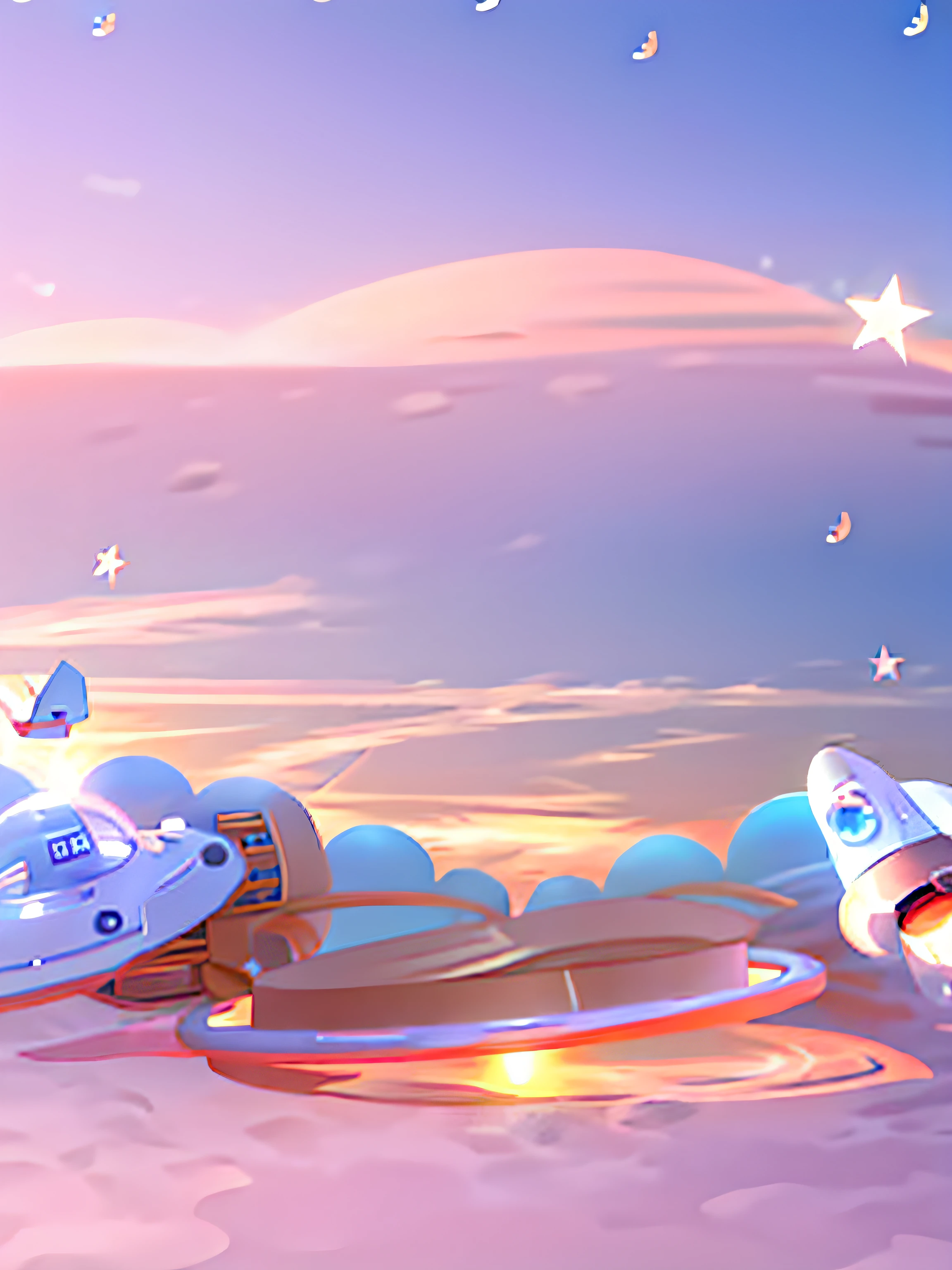 There was a booth and a toy rocket on it, floating object, lie on white clouds fairyland, promotional render, commercial photo of toys, cute 3 d render, spaceships in the cloudy sky, flying spaceships in background, spaceship in the sky, sky theme in background, spaceship in the sky, mall background, product introduction photos, dreamy background