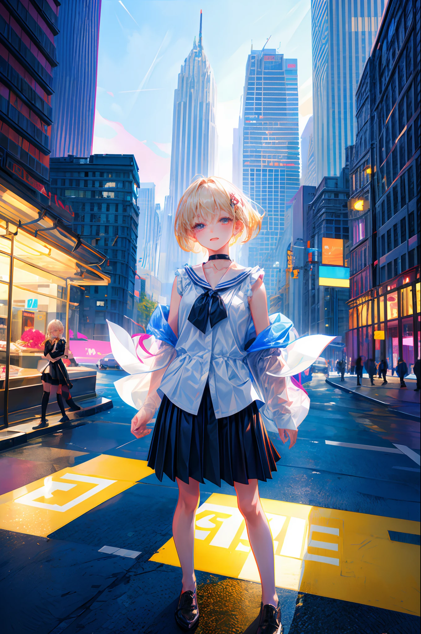top-quality、超A high resolution、Standing in the big city、Skyscrapers、(Photorealsitic:1.4)、Female 1 Person、Sleeveless white buttoned shirt、Black skirt、Black choker、cute little、(Kpop Idle)、(attractiveness:1)、(Platinum Blonde Hair:1)、((Puffy eyes))、Look at the viewer、full bodyesbian、Facing the front