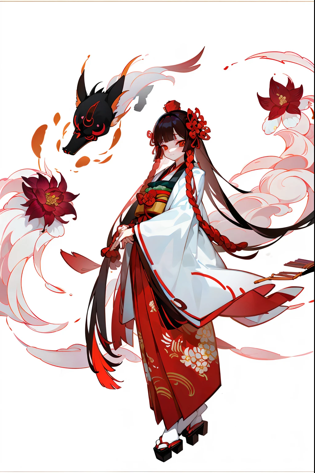 (1 Women), 独奏, 独奏, Full body standing painting, Japanese kimono, Red lycoris, amaryllis, Flowers of Hell，Cerberus，white backgrounid, Onmyoji detailed art, Traditional oriental art style, Beautiful painting style, ukiyo-style, tmasterpiece, top Quority, best qualtiy, 超高分辨率