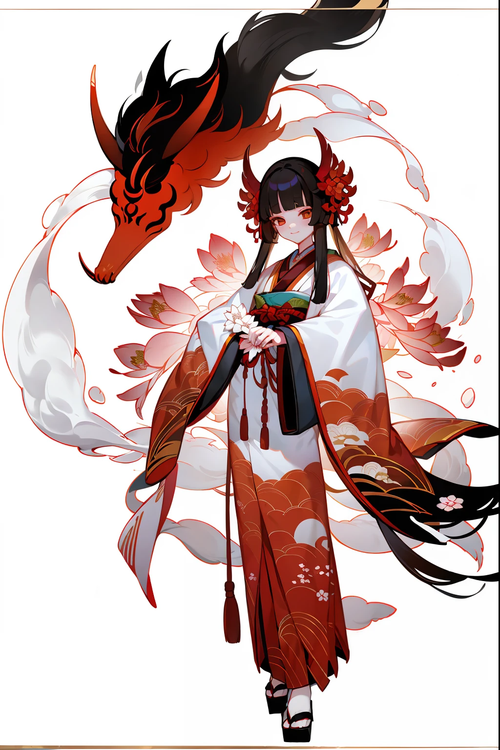 (1 Women), 独奏, 独奏, Full body standing painting, Japanese kimono, Red lycoris, amaryllis, Flowers of Hell，Cerberus，white backgrounid, Onmyoji detailed art, Traditional oriental art style, Beautiful painting style, ukiyo-style, tmasterpiece, top Quority, best qualtiy, 超高分辨率