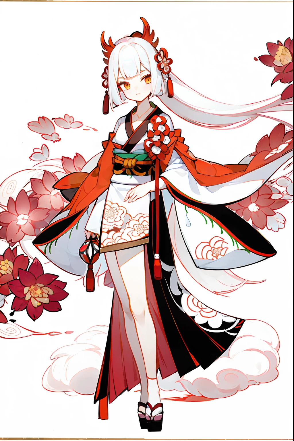 (1 Women), 独奏, 独奏, Full body standing painting, Japanese kimono, Red lycoris, amaryllis, Flowers of Hell，Hellfire，white backgrounid, Onmyoji detailed art, Traditional oriental art style, Beautiful painting style, ukiyo-style, tmasterpiece, top Quority, best qualtiy, 超高分辨率