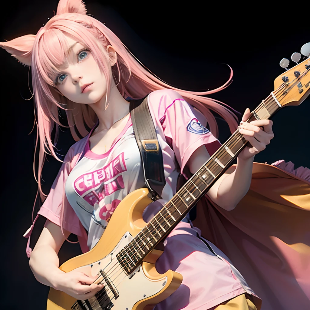 masutepiece, Extremely detailed, Girl strumming electric guitar furiously:1.5, Solo, hair messy, (Yamaha PACIFICA112VMX(Yellow Natural Satin)), 18 years old, (Hair over one eye), Longhair, ((Pink hair)), Straight hair, (Candy Plasma Blue Eyes), lower boobs, Side, Big Tits, ((Wearing a pink jersey)), Anime, Best Quality