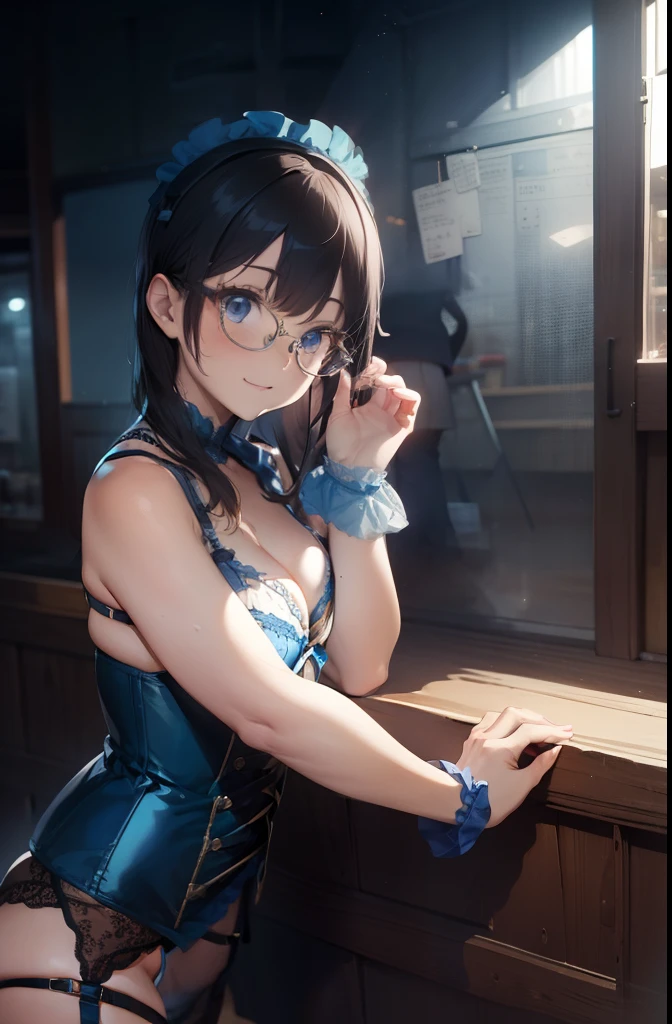 ultra-quality, ultla highres, Hyper Detailed, High contrast, Ultrafine Strike, creative refinement,A dark-haired,Blue lingerie,ssmile,blue corset,Blue garter belt,Show Pub,5 fingers on hand,stylish glasses