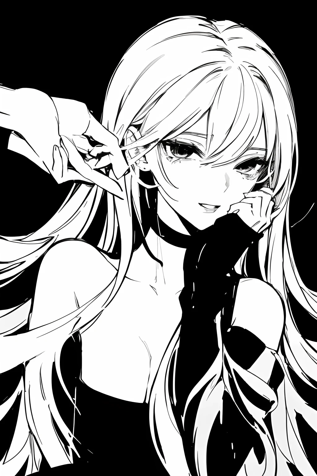 sketch by NTY, black background, woman,black and white aesthethic girl anime pfp, close up face