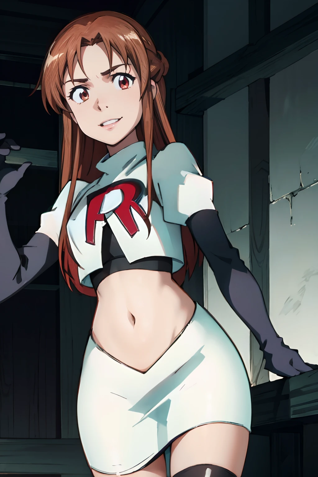 yuuki asuna, team rocket, team rocket uniform, red letter R, white skirt, white crop top, black thigh-high boots, black elbow gloves, evil smile