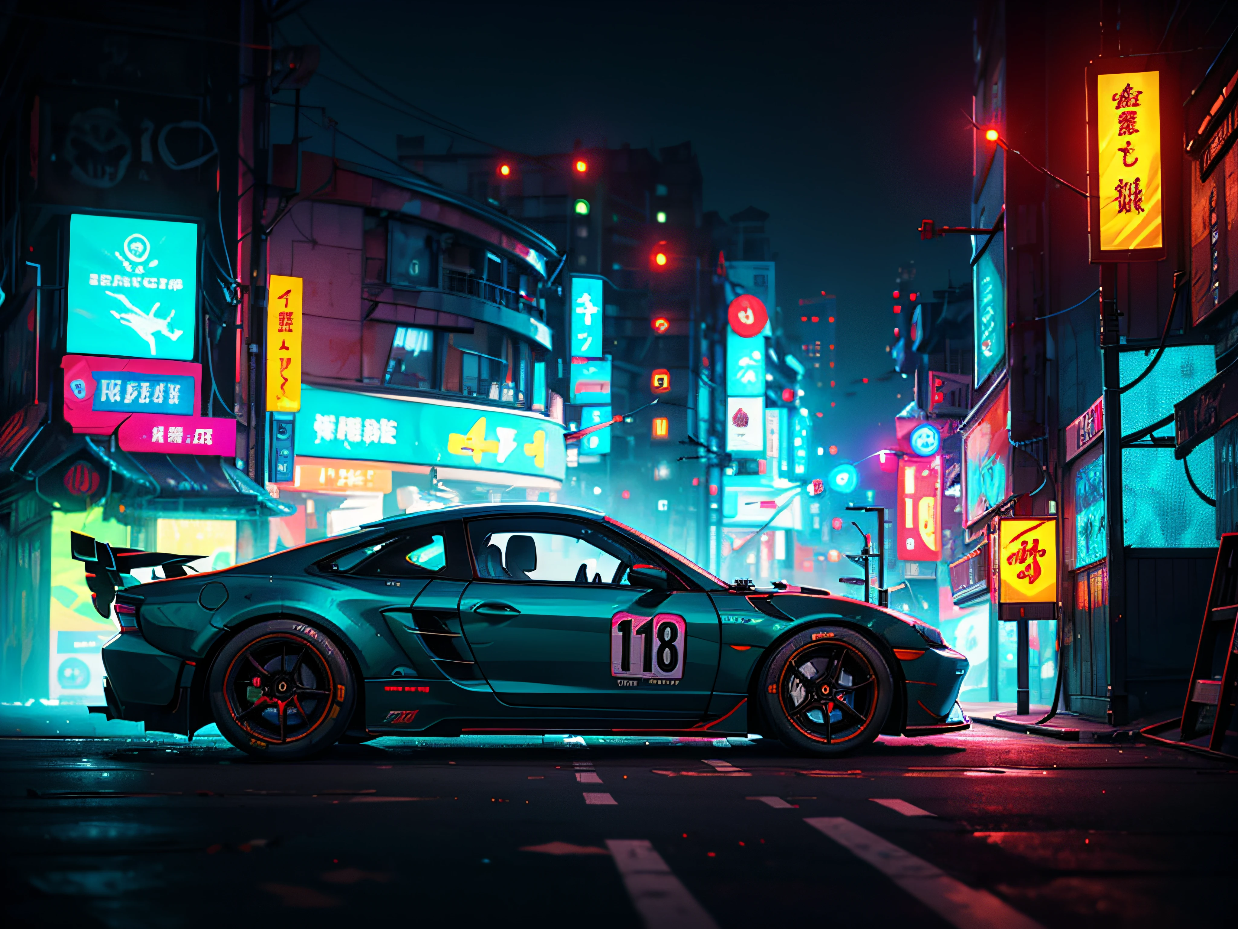 Best quality, masterpiece, ultra high res, Capture the adrenaline-fueled excitement of a sleek, high-performance racing car dripping, red, blue, fires, neon light, dust, full car show, from side, cyberpunk racing car, tokyo cyberpunk night,Detailed,Realistic,4k highly detailed digital art,octane render, bioluminescent, BREAK 8K resolution concept art, realism,by Mappa studios,masterpiece,best quality,official art,illustration,ligne claire,(cool_color),perfect composition,absurdres, fantasy,focused,rule of thirds,