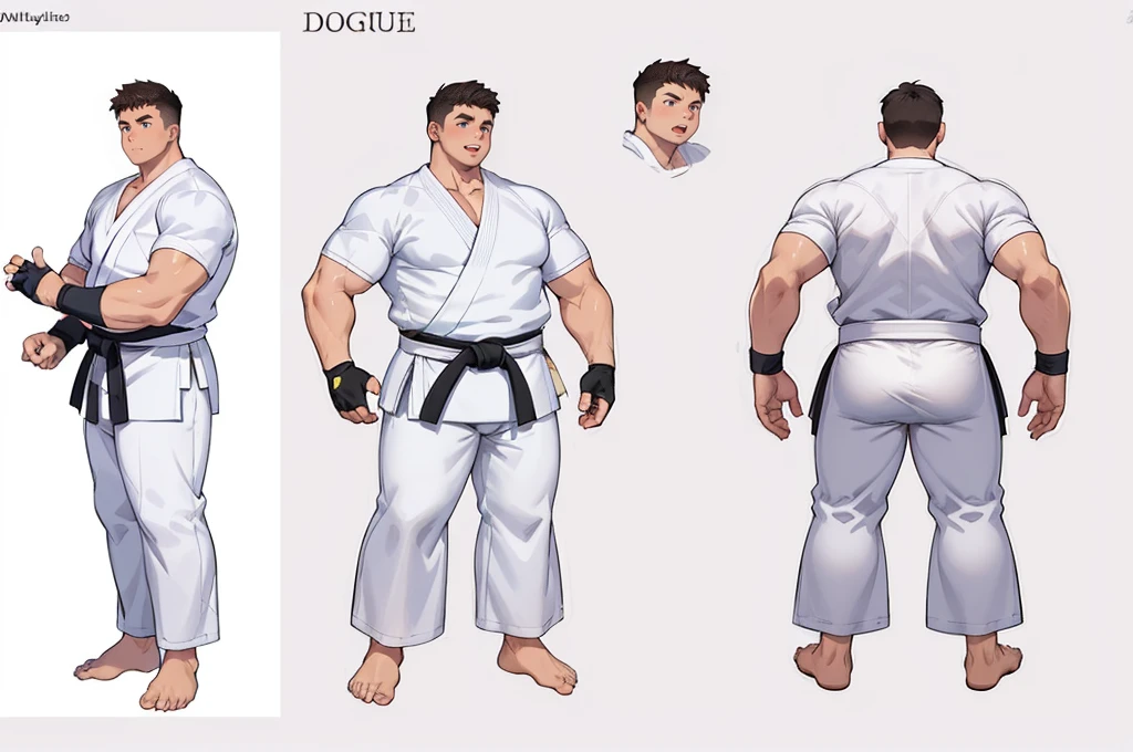 ((1boy_only, same_character, same_outfit)), charturnerv2, character_turnaround, character_sheet, ((3views)), reference_sheet, (chubby:1.2, stocky:1.2), ((white judo gi)), ((dougi)), barefoot, ((long pants)), (bara:1.2), (shota:0.25), buzz_cut, full body shot, ((cool, cute, awesome)), (fingerless gloves), (chubby_face:0.8), (solid_background)