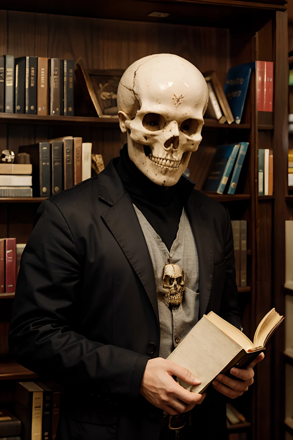 A skull man with a book in a bookcase